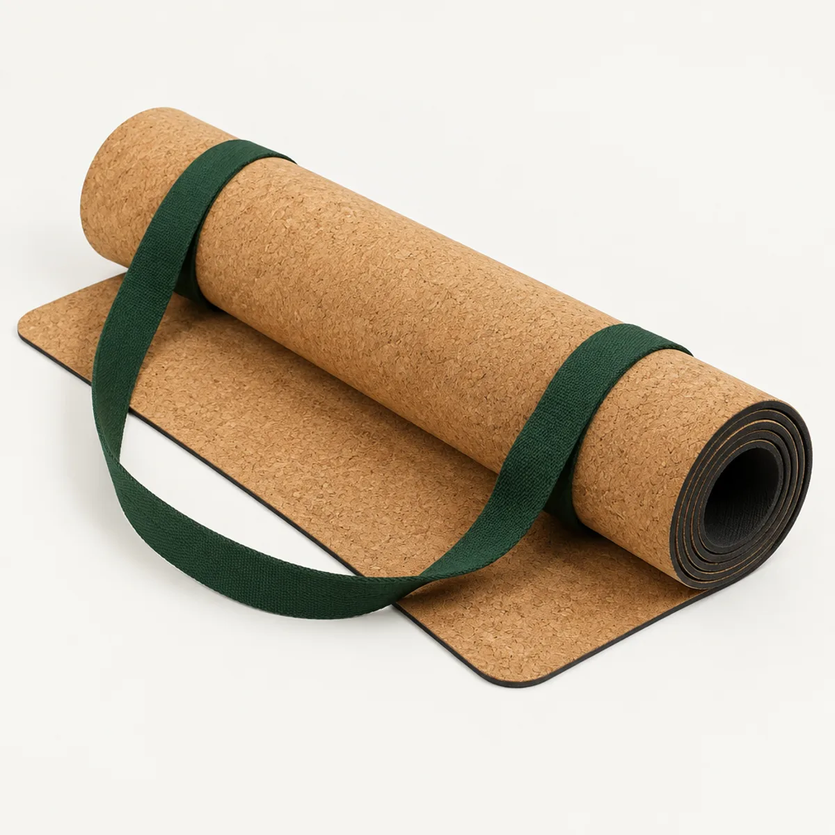Natural cork yoga mat partly rolled up with a forest-green carry strap on an off-white background